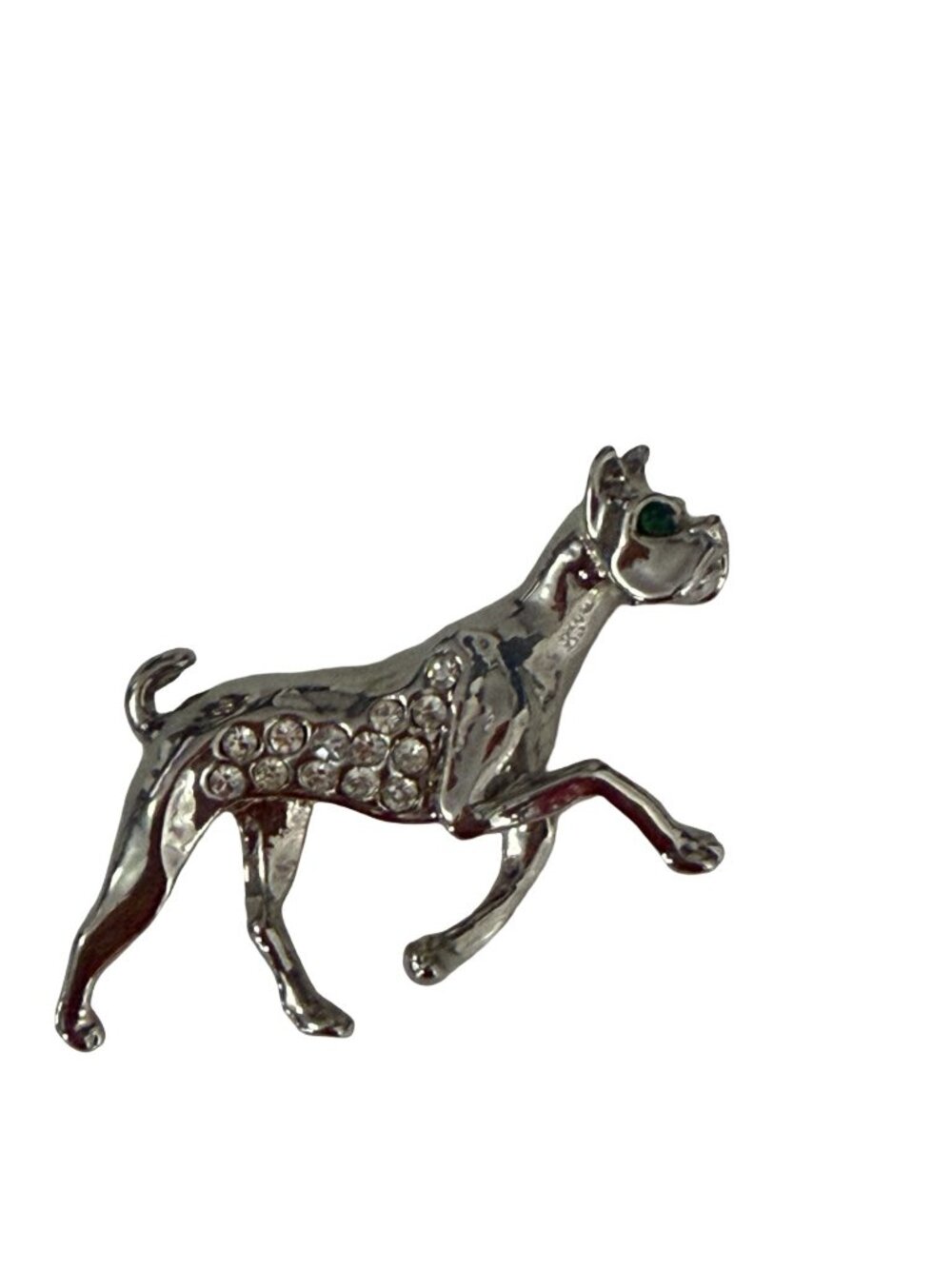 Vintage Boxer Dog Brooch Silver Tone Clear Rhinestone Green Eye Figural Pin 2"